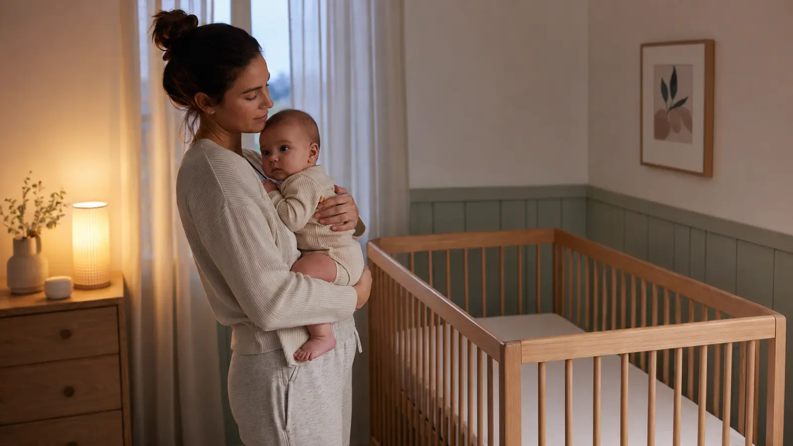 A tired parent comforting an awake baby in a softly lit nursery