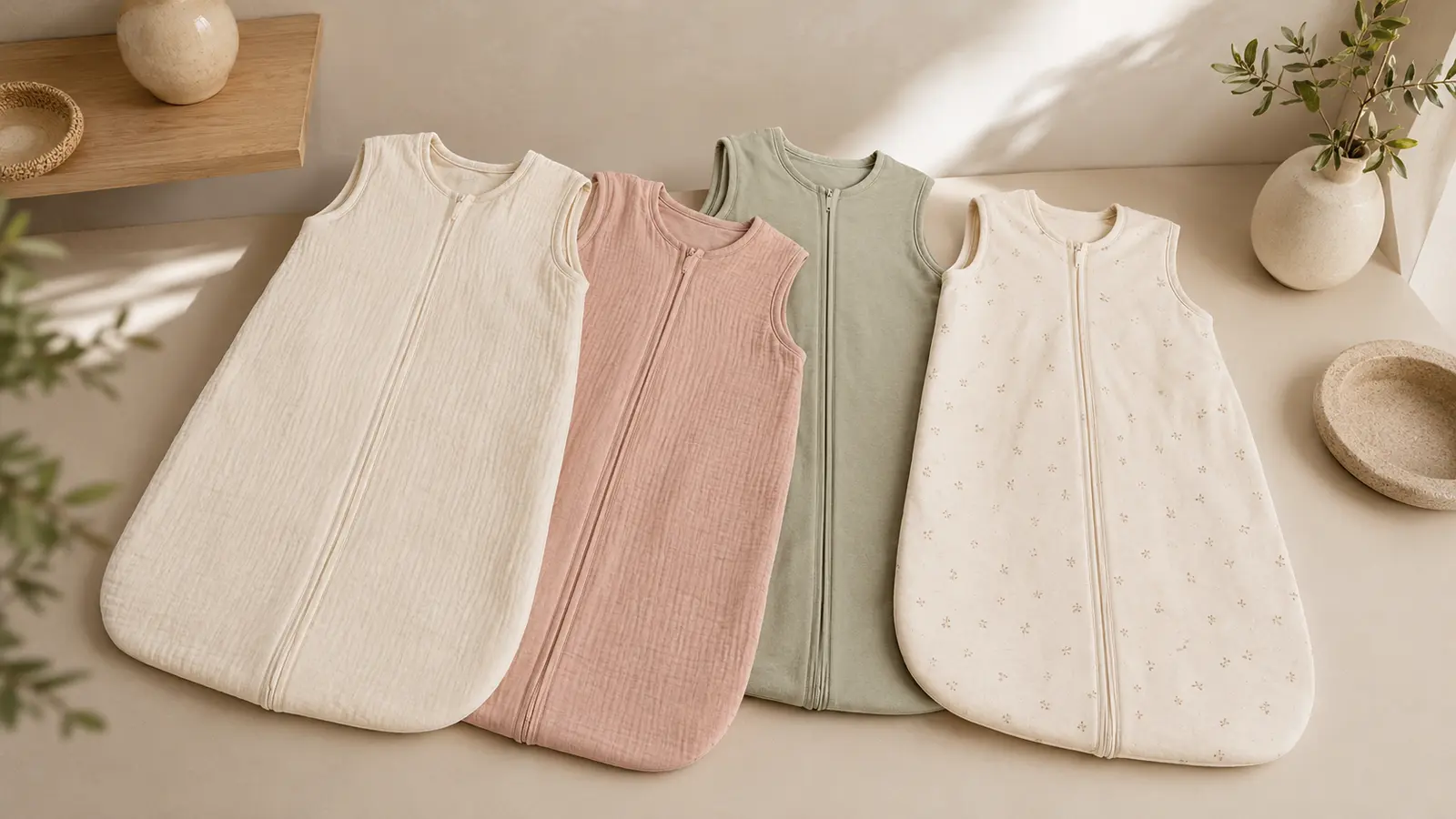 Several unweighted sleeveless baby sleep sacks in soft neutral colors