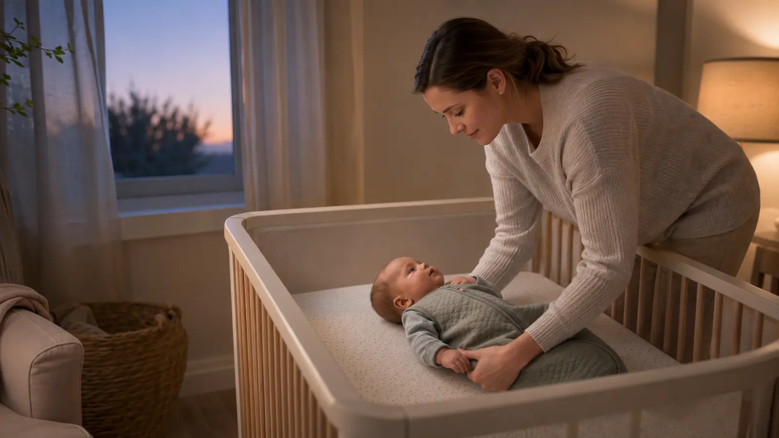 A mother placing her awake baby on their back in an empty crib