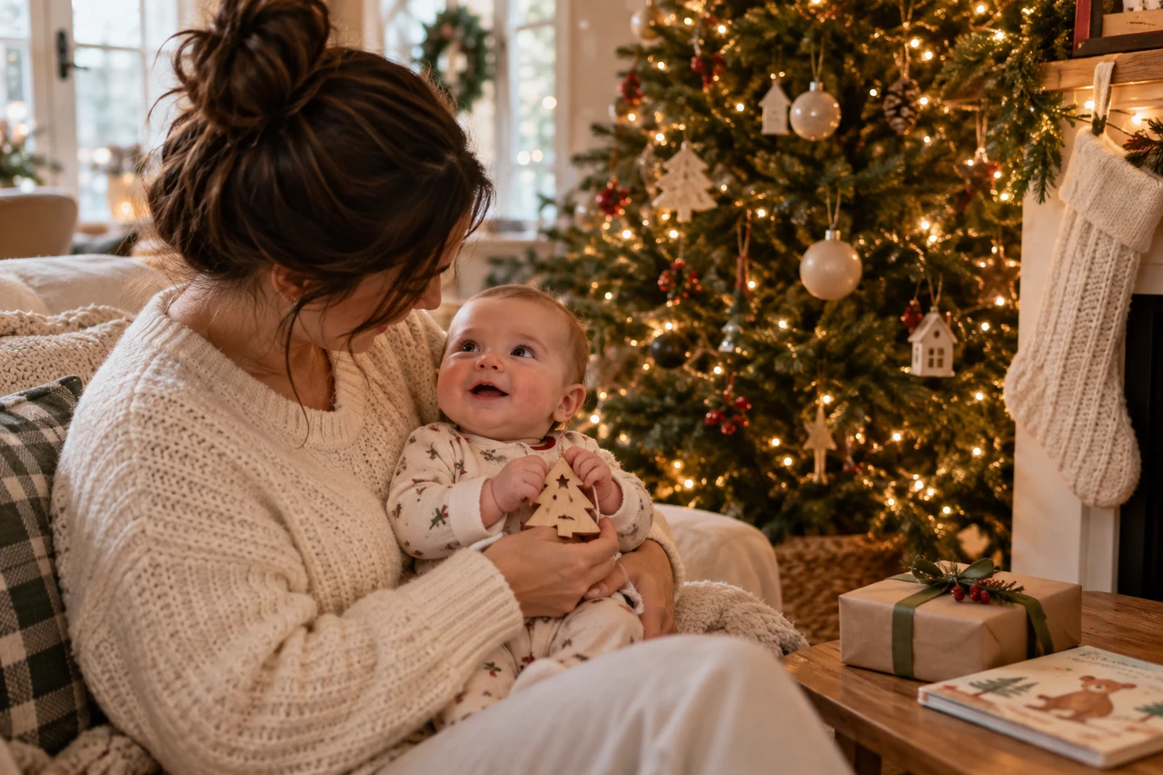 Mother holding her smiling baby beside a warmly lit Christmas tree and wrapped gift