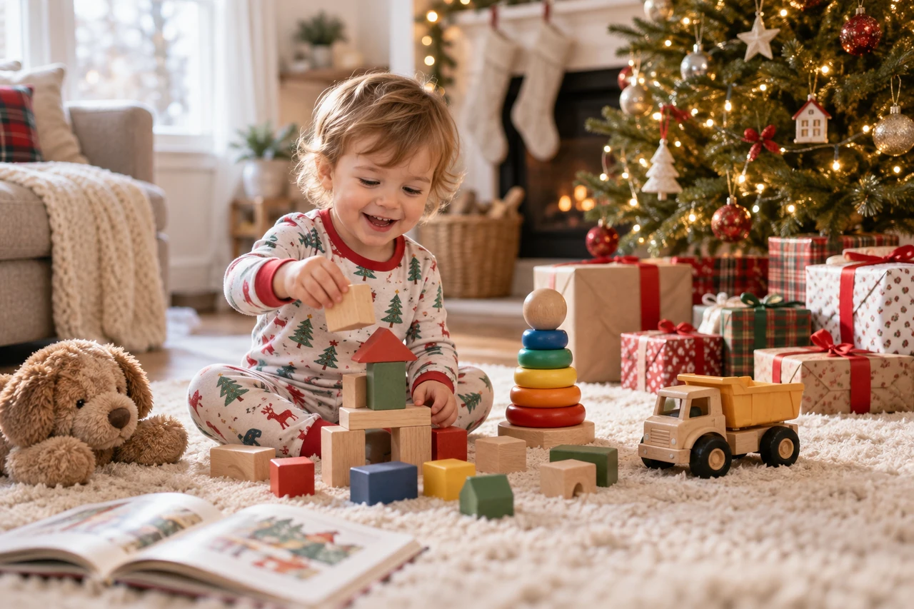A toddler playing with simple wooden toys beside wrapped Christmas gifts in a warm living room