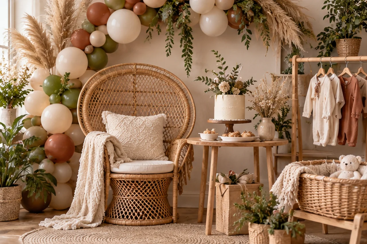 A boho baby shower corner with a rattan peacock chair, terracotta and sage balloon garland, pampas grass, a small cake on a wooden table, and baby clothes on a rail