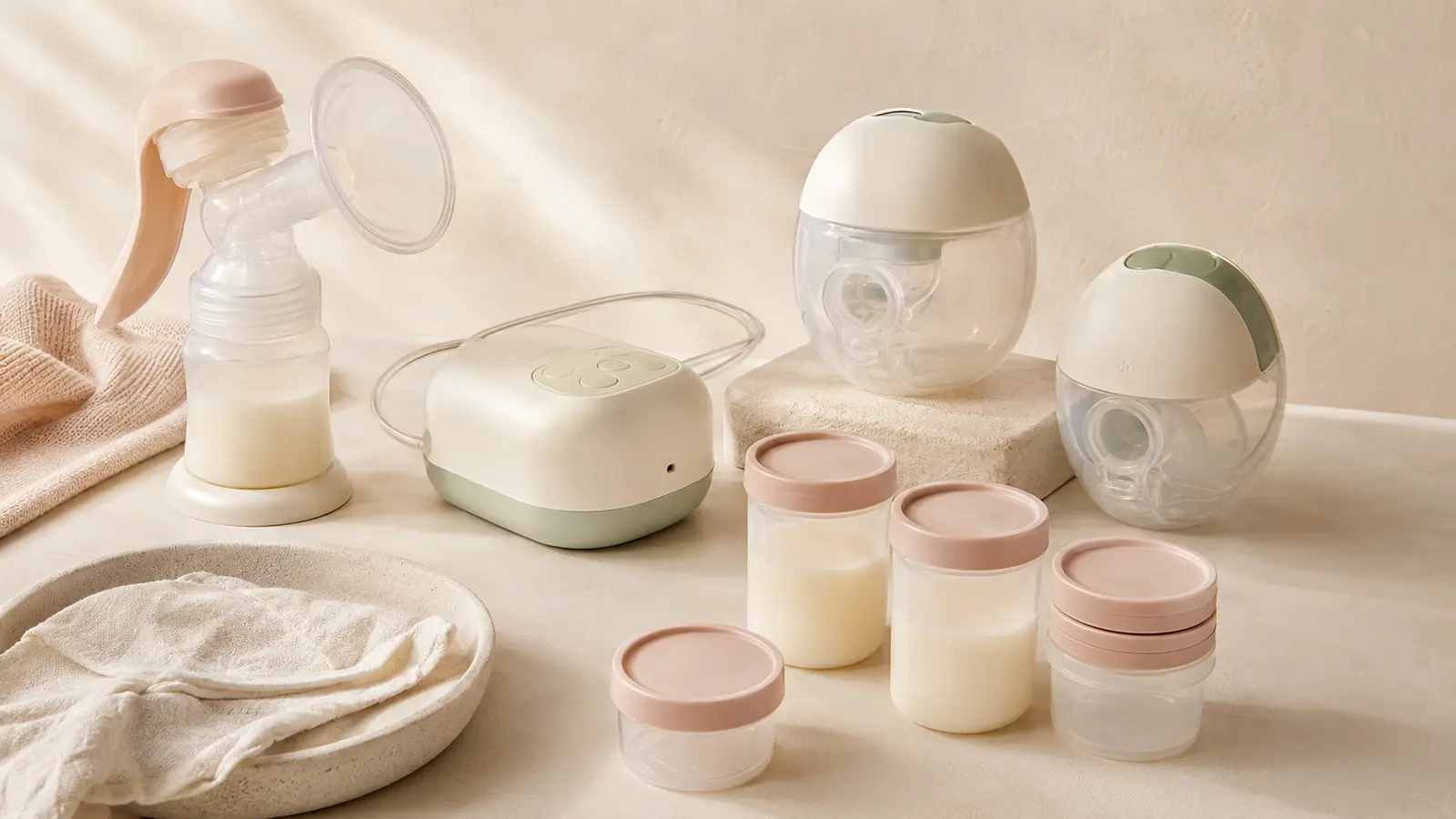 A brand-neutral arrangement of manual and electric breast-pumping supplies