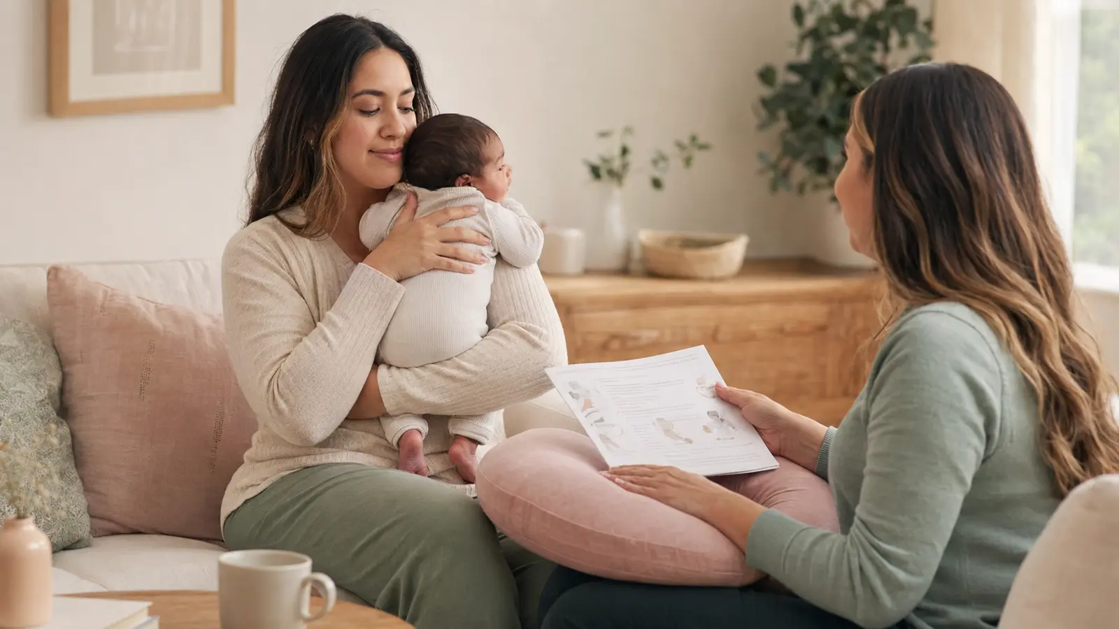 A new mother receiving practical infant-feeding support at home