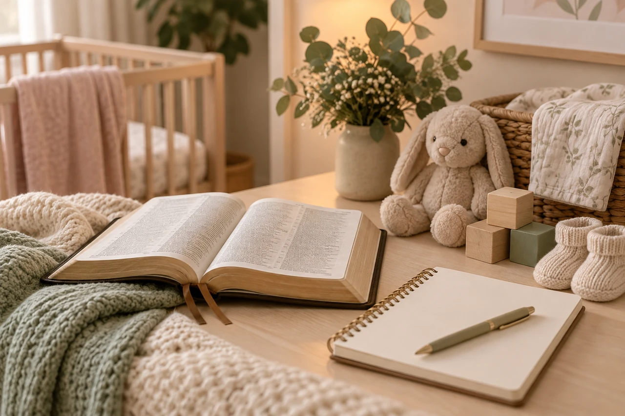 Open Bible, notebook, baby booties, wooden blocks and a plush rabbit in a warm neutral nursery