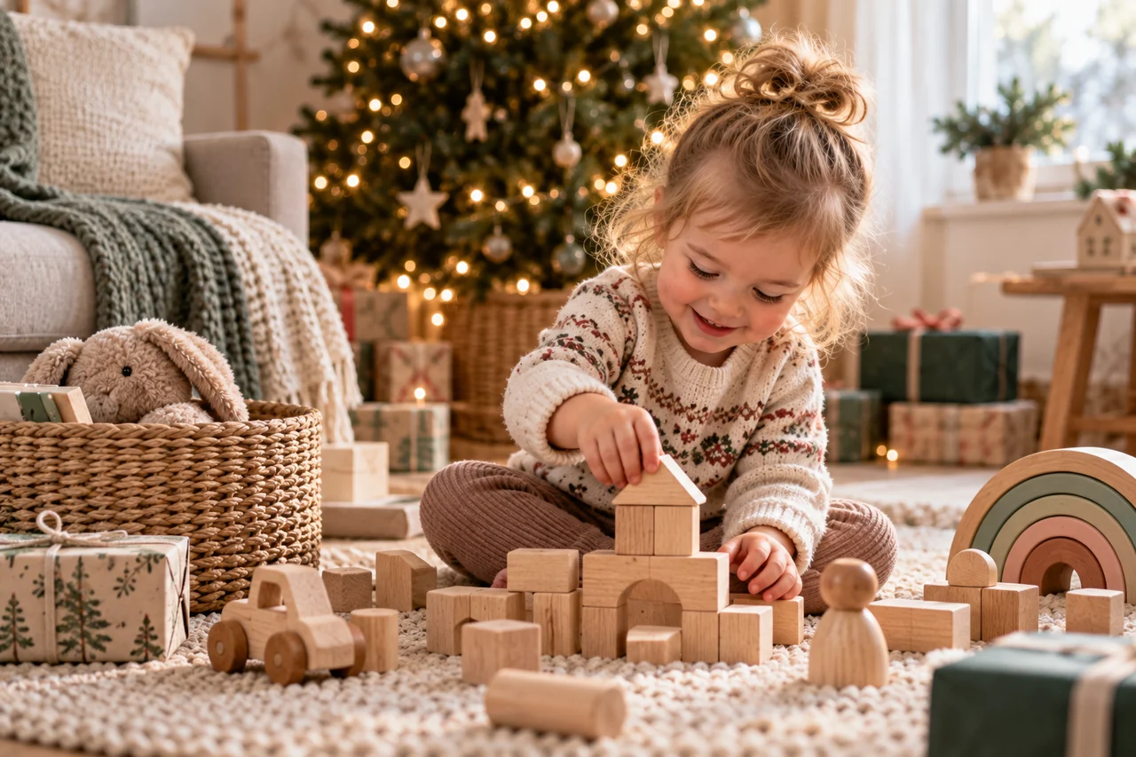 A smiling toddler in a knitted sweater building with wooden blocks on a rug beside a lit Christmas tree and wrapped gifts