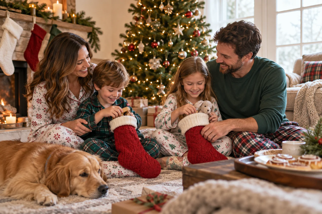 Two parents and two children in pajamas opening stockings together on the living room floor beside a lit tree, with the family dog and cinnamon rolls nearby