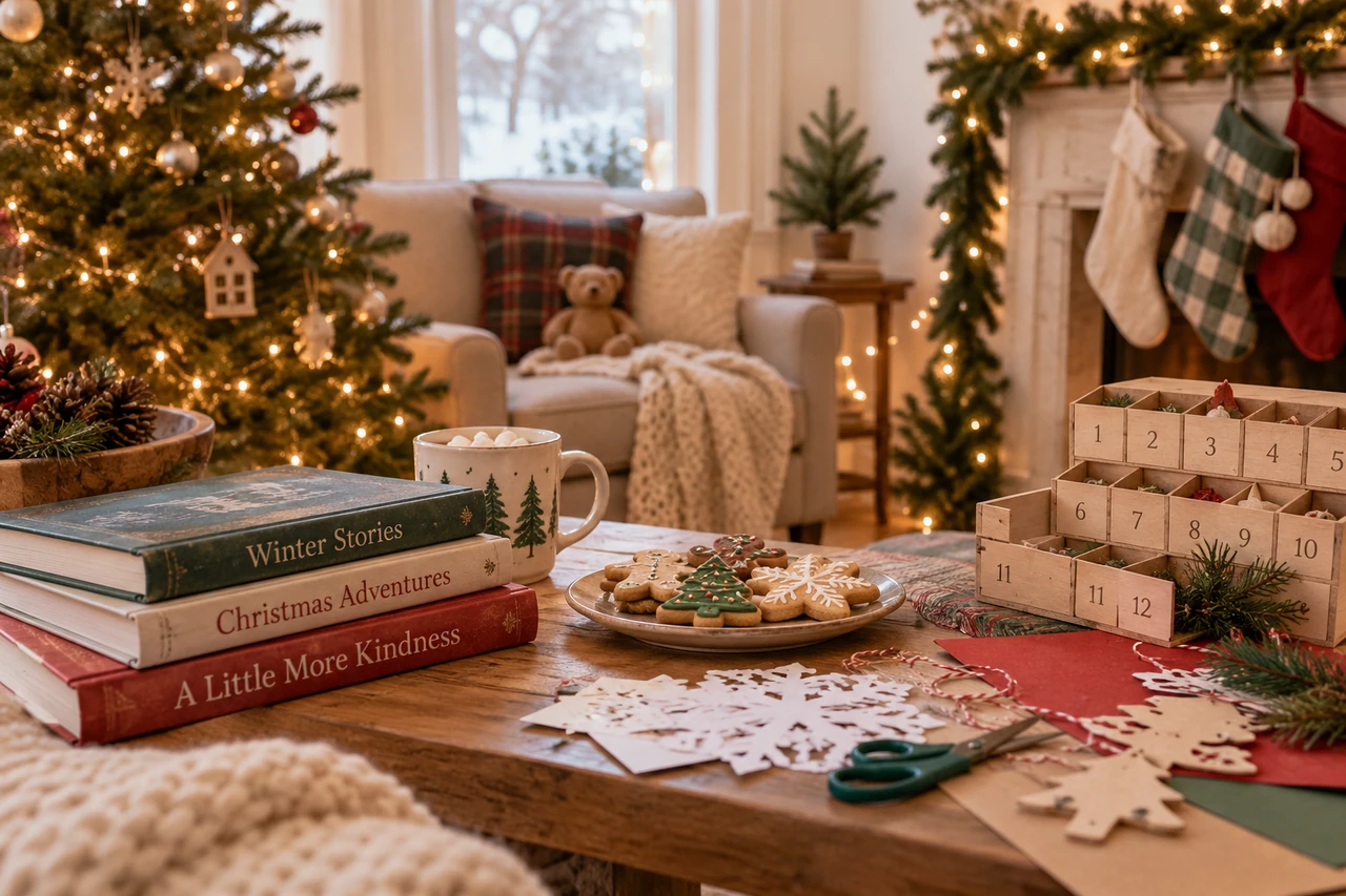 Cozy Christmas craft table with holiday books, cookies, paper snowflakes and a glowing tree in the background