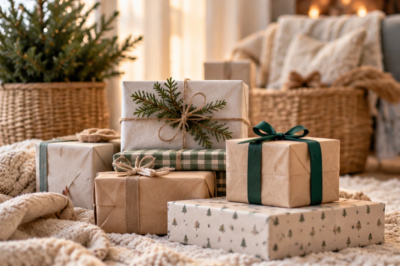A small stack of Christmas gifts wrapped in kraft paper, twine and green ribbon on a knitted blanket beside woven baskets