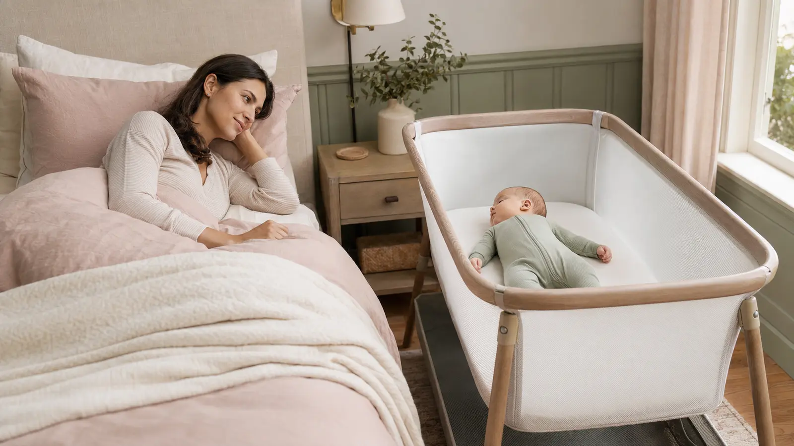 A parent awake beside a baby sleeping on their back in a separate bedside bassinet