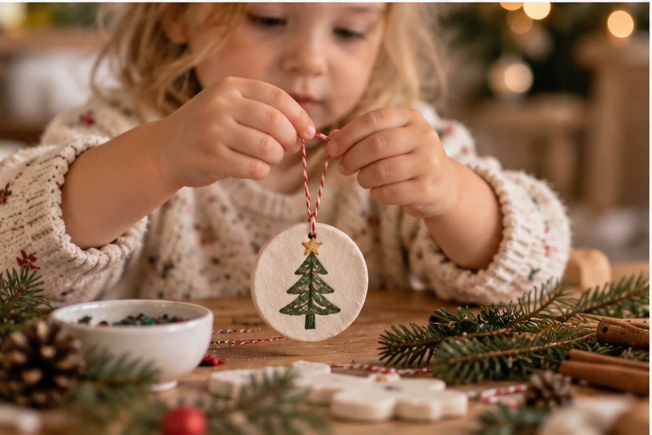 A young child holding up a handmade clay ornament painted with a Christmas tree, at a wooden table with pine sprigs, cinnamon sticks and more ornaments