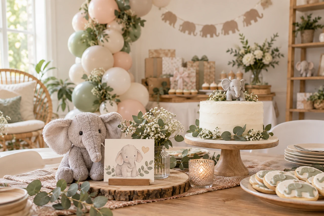 Neutral elephant baby shower dessert table with balloons, greenery, cake, cookies and plush elephant decor