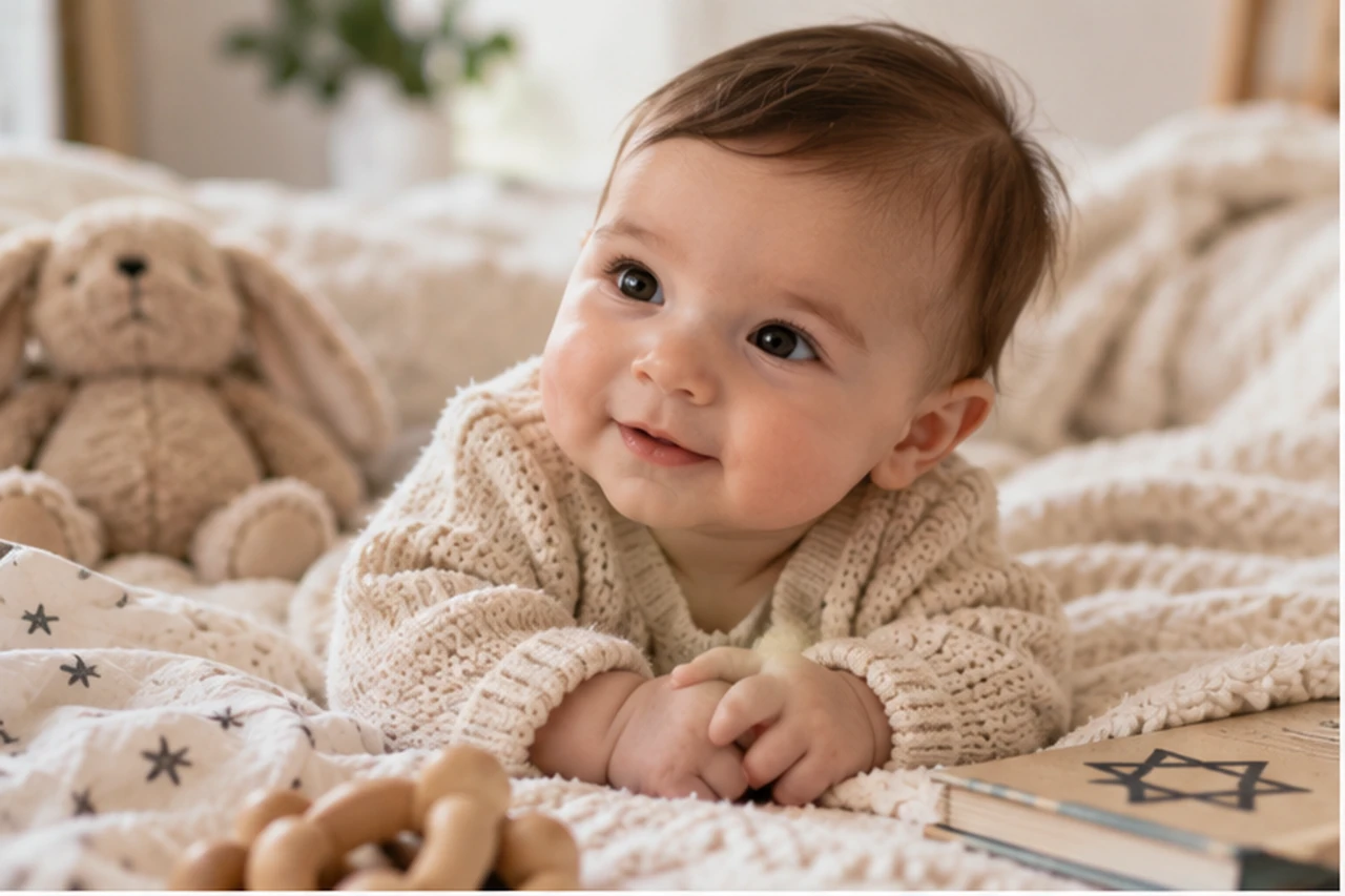 A smiling baby in a knitted cardigan lying on a cream blanket beside a plush bunny, wooden teething rings, and a book with a Star of David on the cover