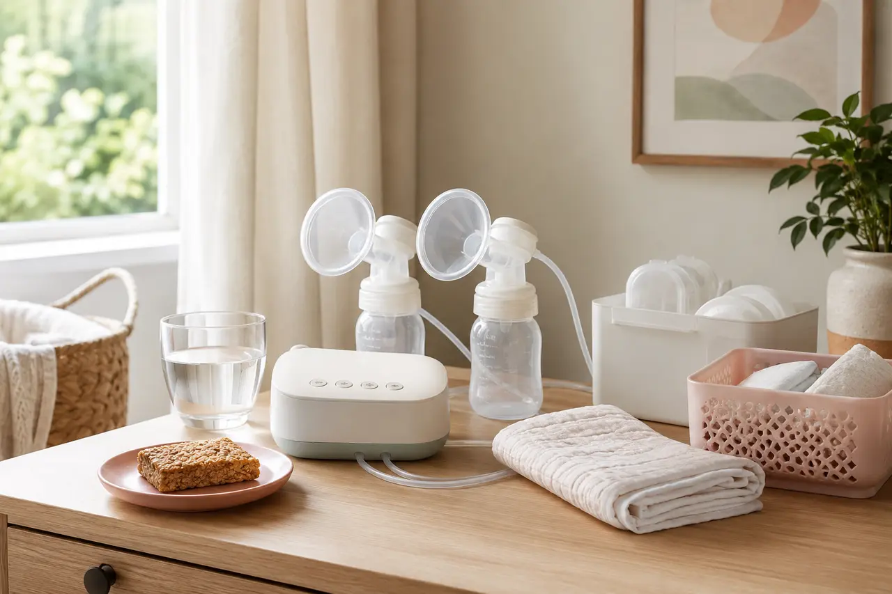 A breastfeeding parent using a double electric breast pump at home