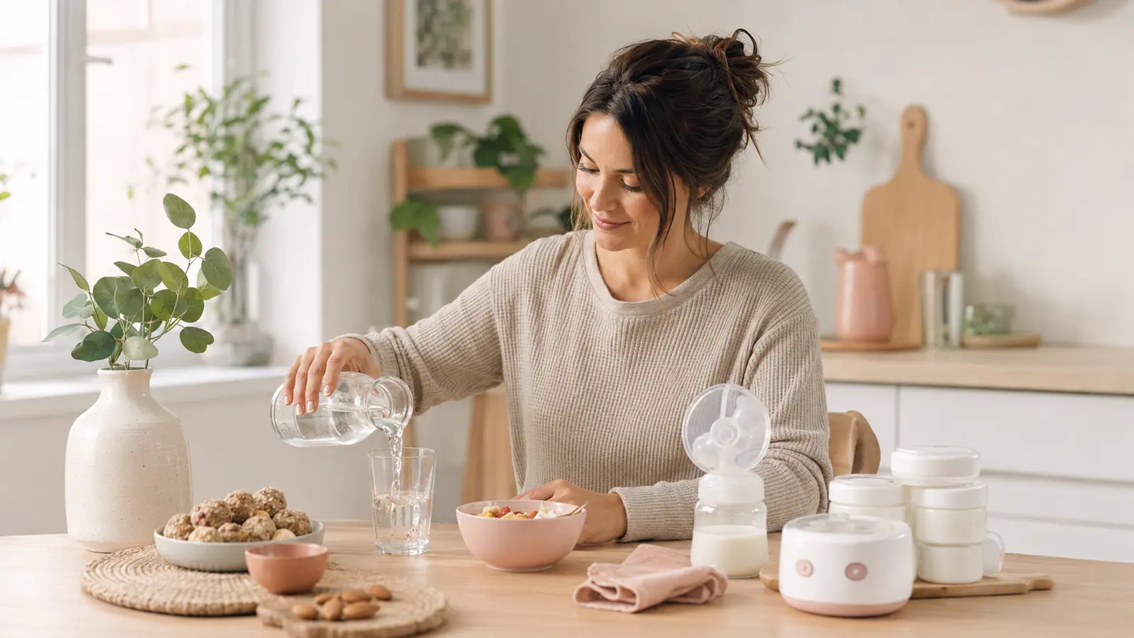 A mother preparing water and a snack beside clean breast-pump supplies