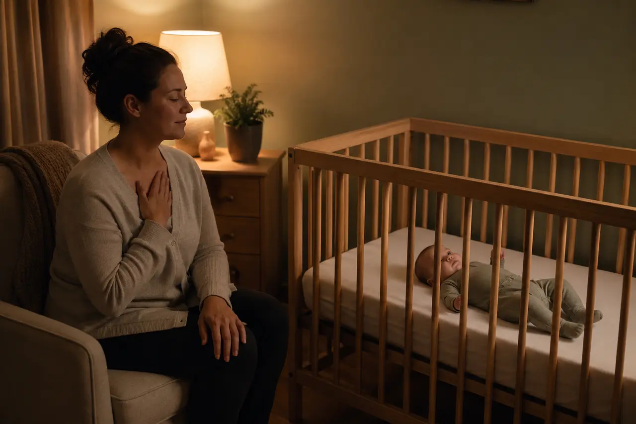 A parent soothing an awake baby beside a safe empty crib