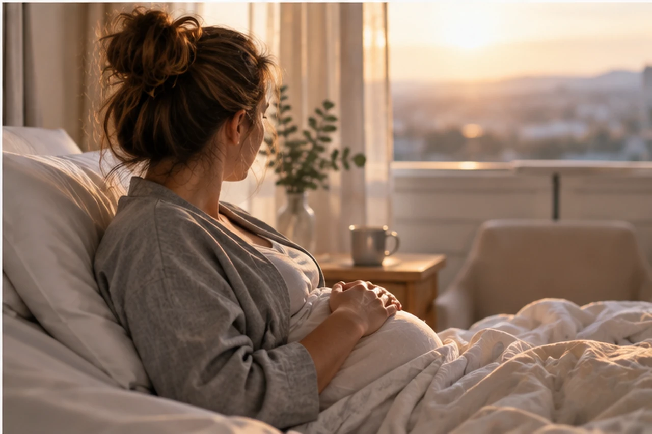 A pregnant woman resting against pillows in bed at sunrise, hands folded on her belly, with a mug and greenery on the nightstand
