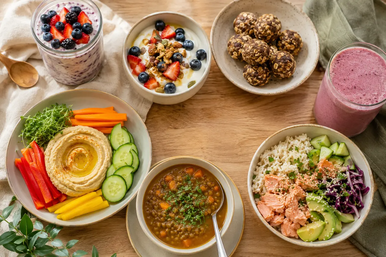 A tray of oatmeal, fruit, yogurt, nuts, and other easy breastfeeding snacks