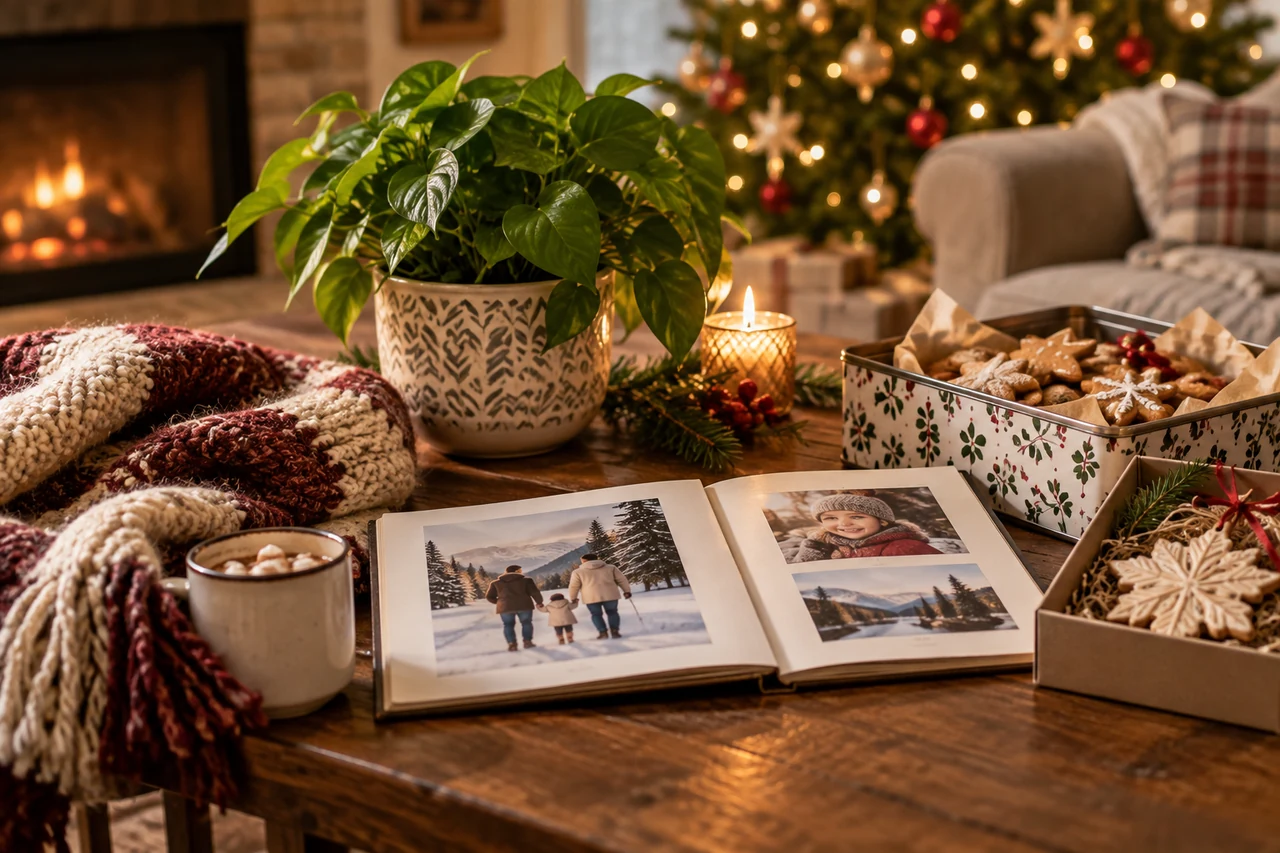 An open family photo album on a wooden table beside a mug of cocoa, a tin of decorated cookies, and a lit candle, with a glowing Christmas tree behind