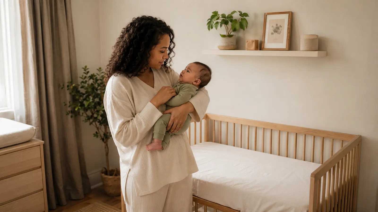 A mother calmly soothing her awake baby beside a safe empty crib