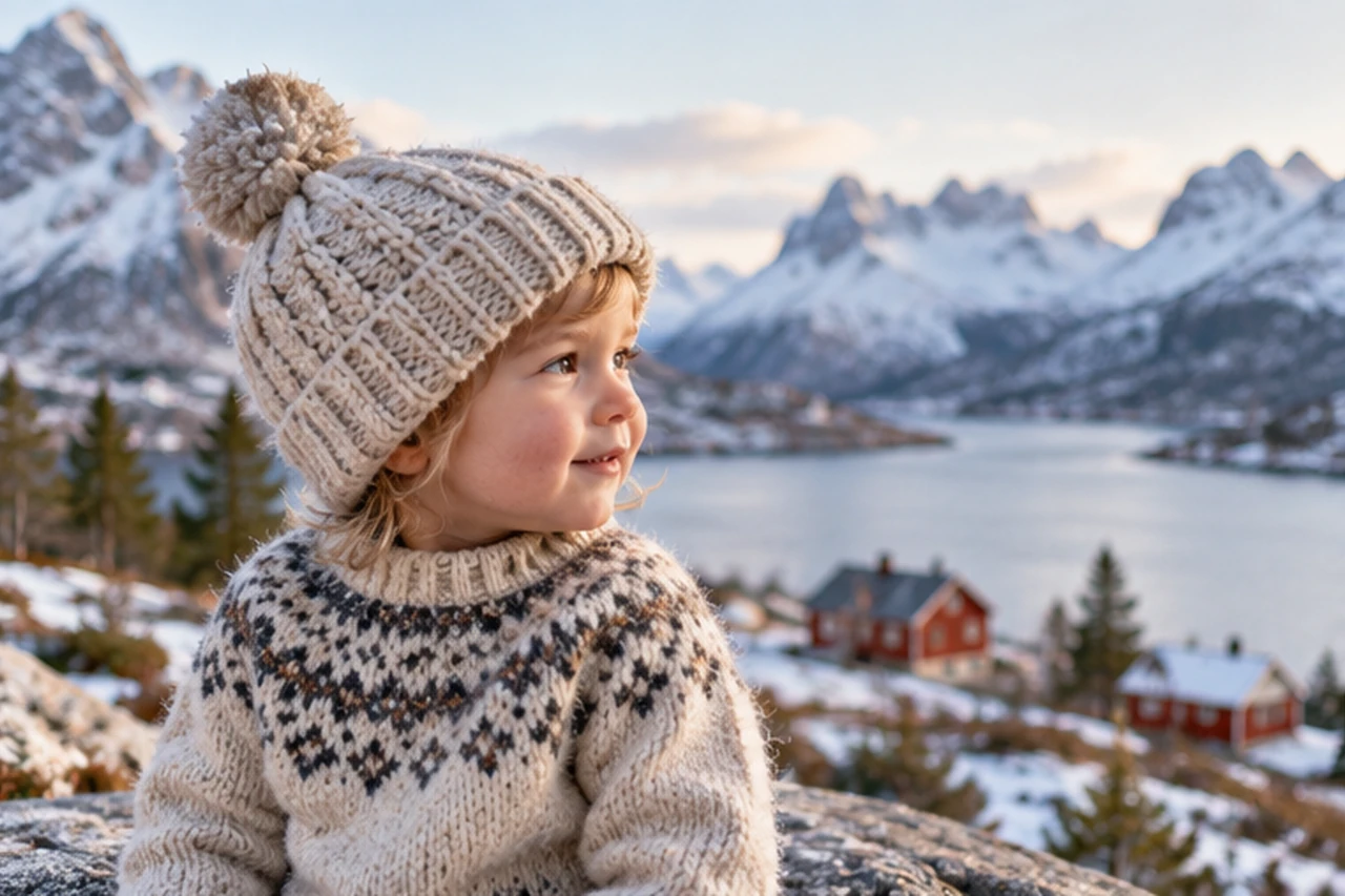 A young child in a Nordic knit sweater and pom-pom hat sitting above a snowy fjord, with red cabins and mountain peaks behind
