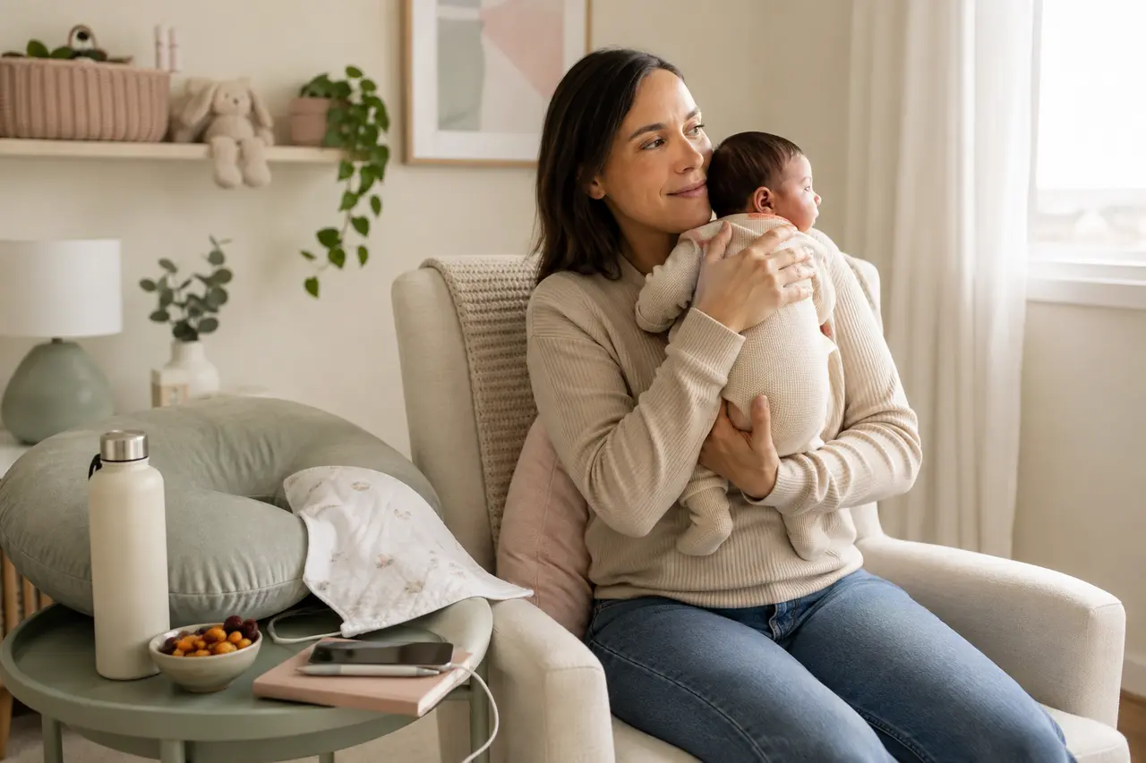 A parent breastfeeding a newborn with supportive pillows nearby