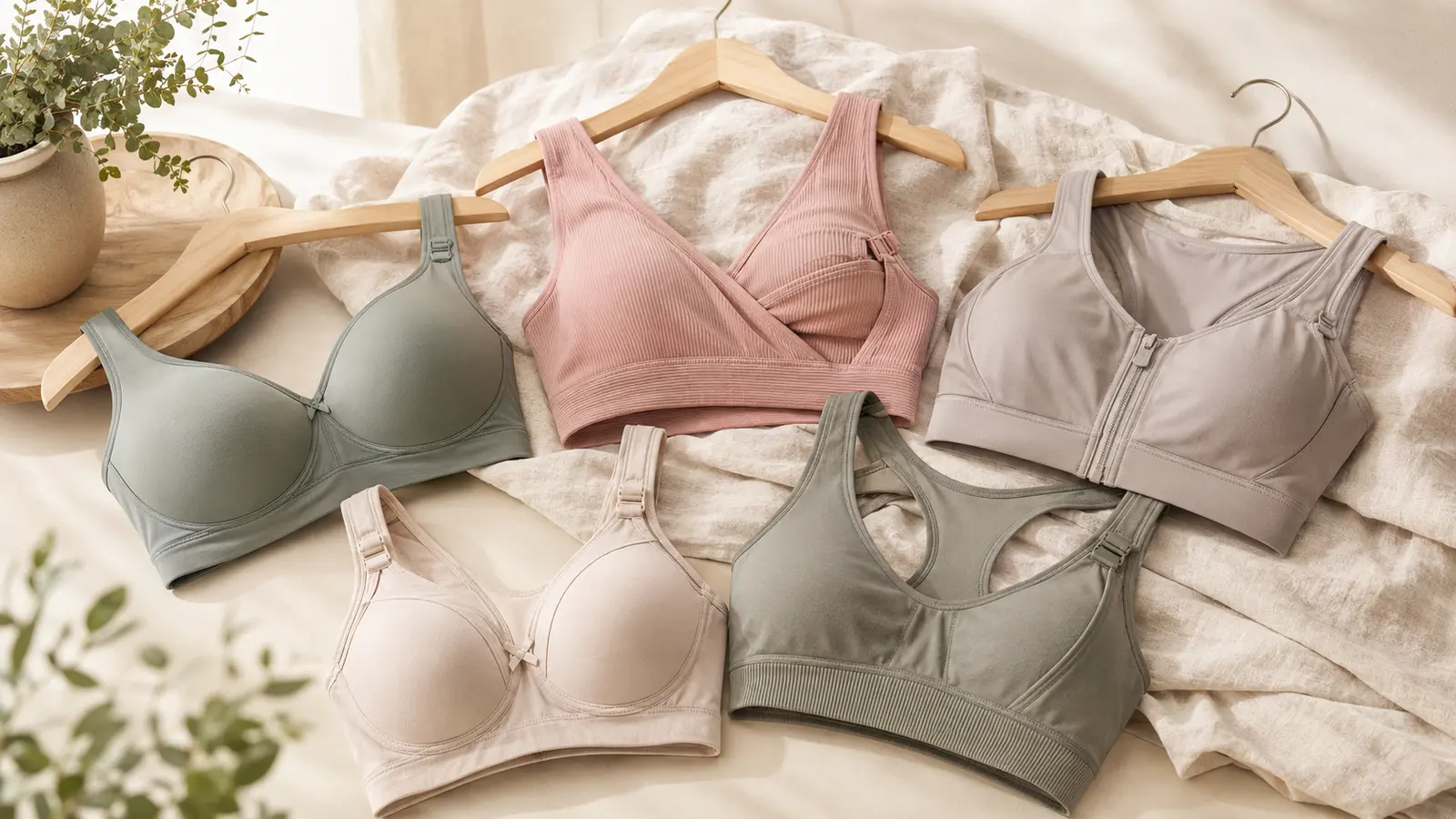 Several soft nursing bra styles arranged neatly in cream, blush, and sage