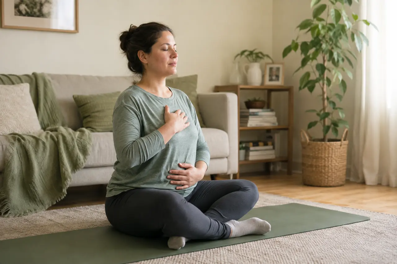 A postpartum mother practicing gentle breathing exercises on a yoga mat