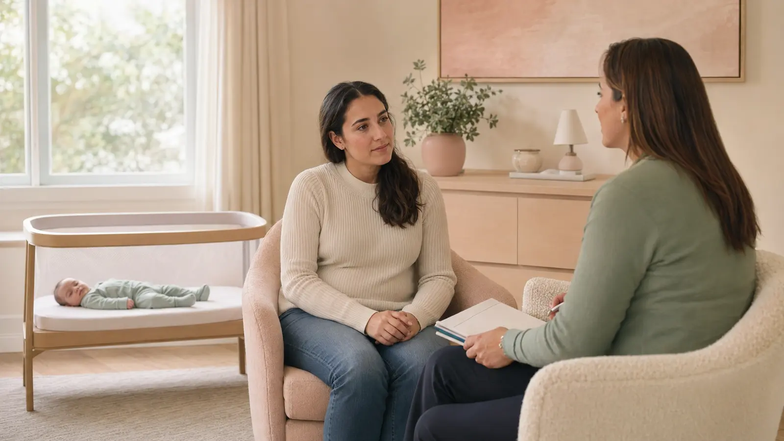A new mother speaking with a mental-health professional while her baby sleeps safely nearby