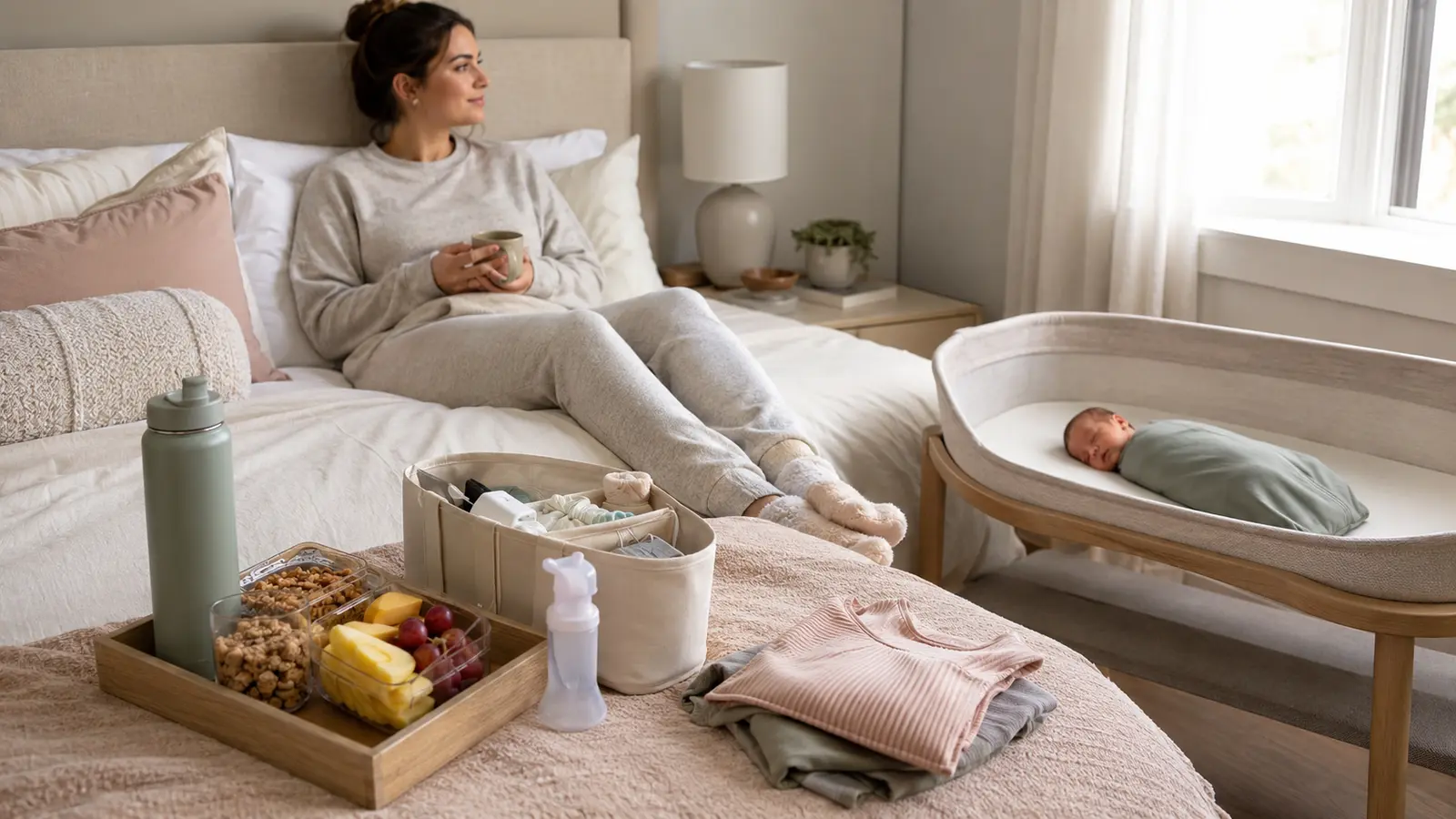 A new mother resting beside a prepared postpartum recovery station