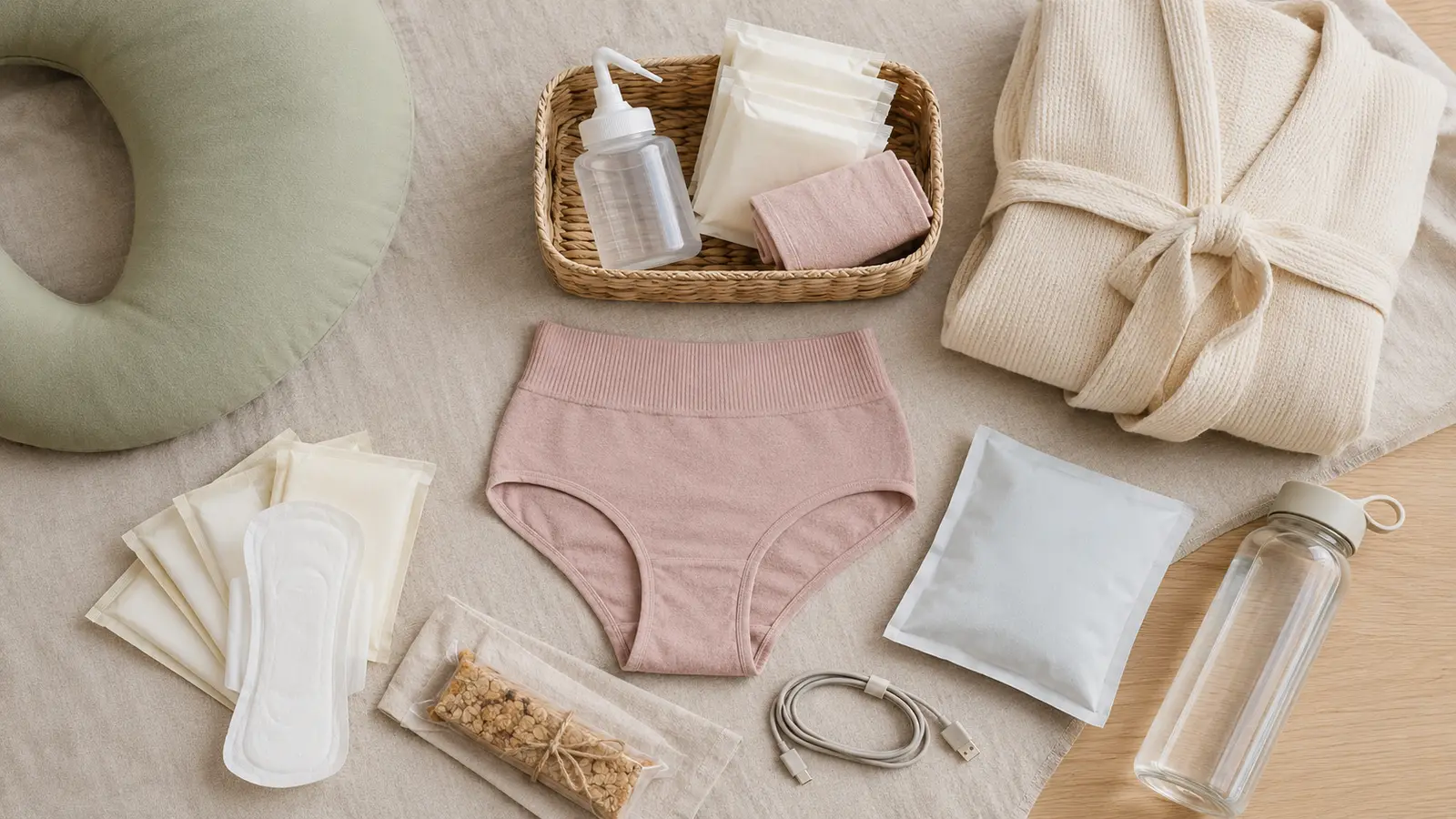 A calm flat lay of practical postpartum recovery essentials in neutral colors