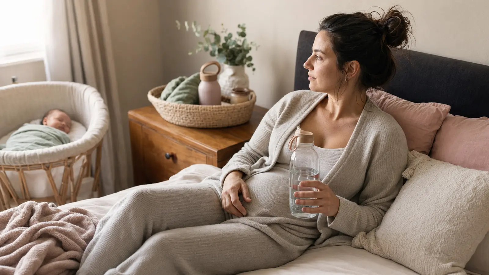 A new mother resting at home while her baby sleeps safely in a bassinet