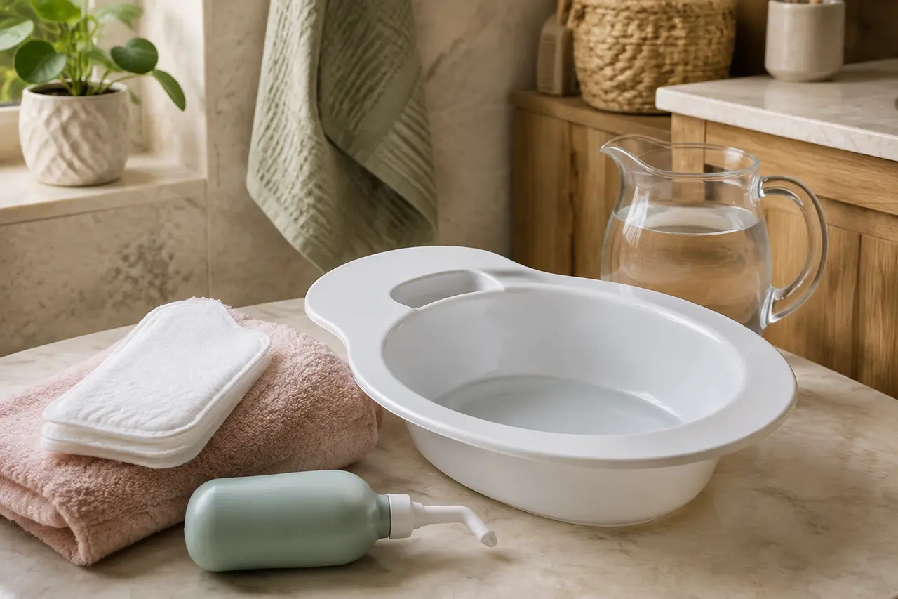 A clean bathroom prepared for gentle postpartum recovery care
