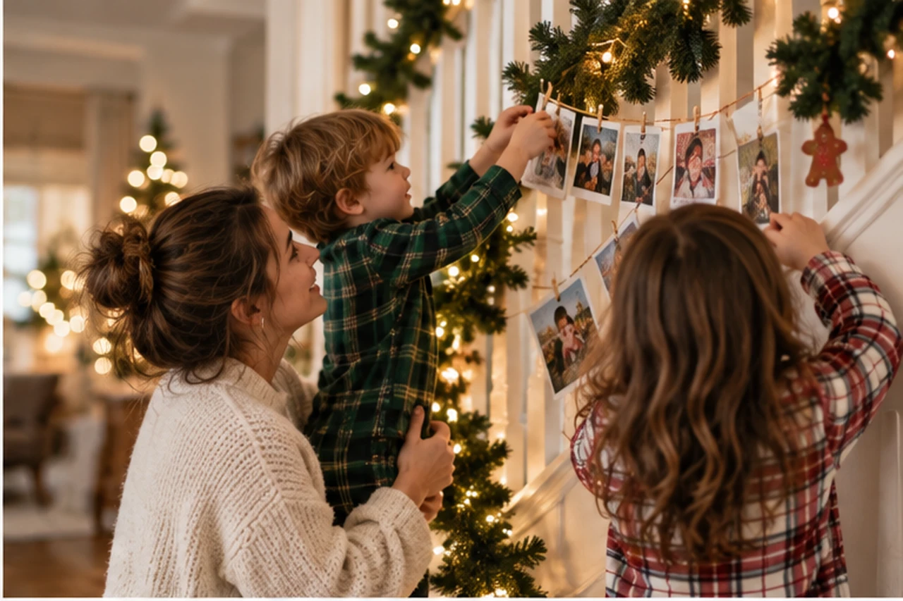 A mother, son and daughter clipping family photos onto a twine garland along a staircase decorated with greenery and string lights
