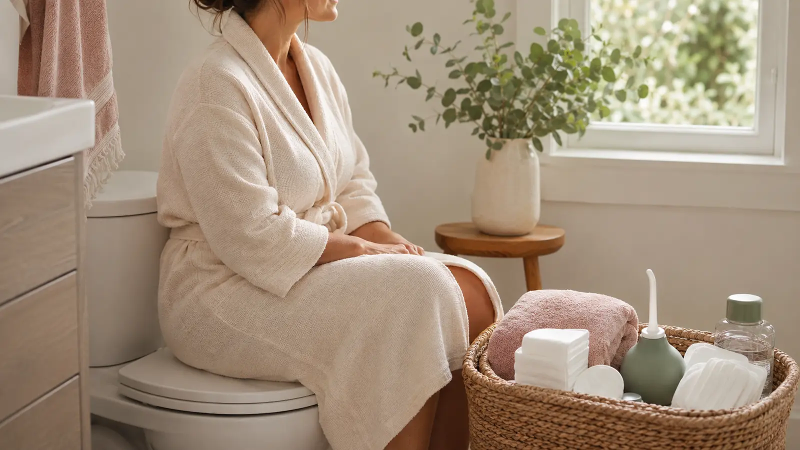 A discreet postpartum recovery station in a bright home bathroom