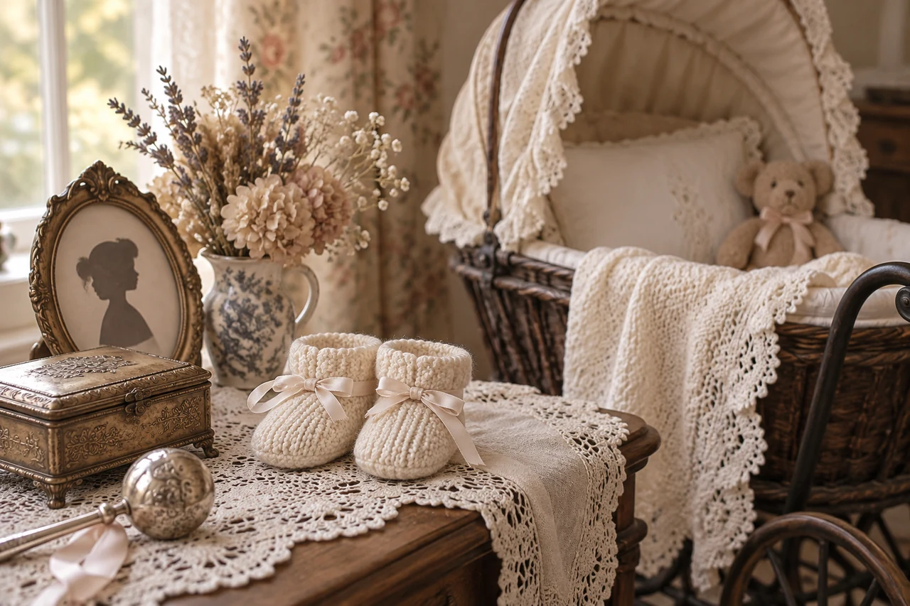 A vintage nursery scene with knitted baby booties on a lace runner, a silhouette portrait in an ornate frame, dried flowers, a silver rattle, and a wicker bassinet