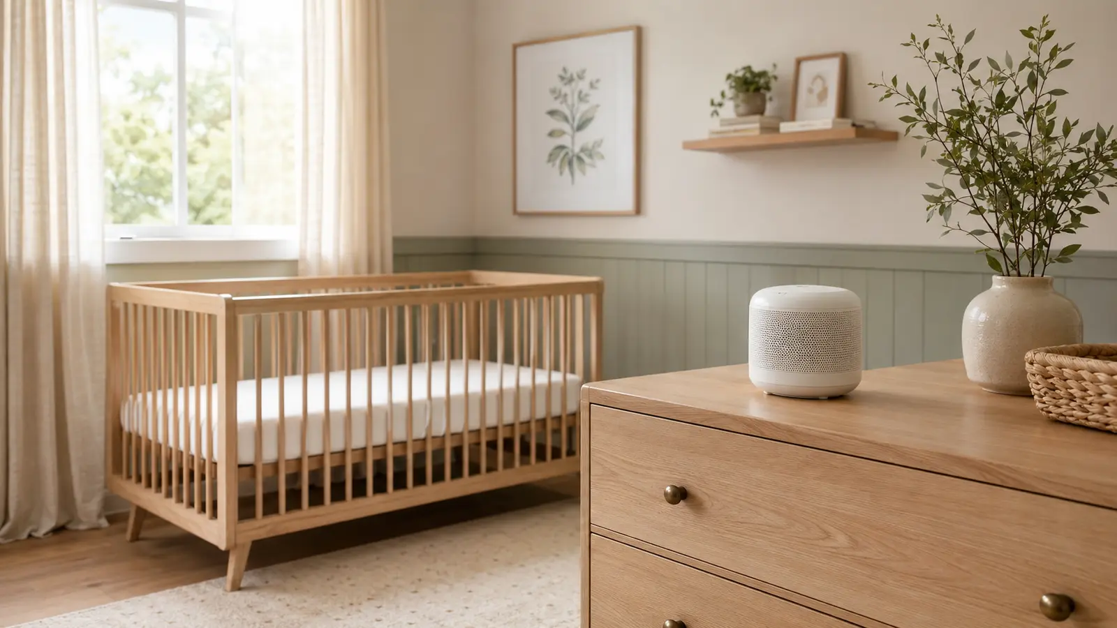 A white noise machine positioned on a dresser away from an empty baby crib