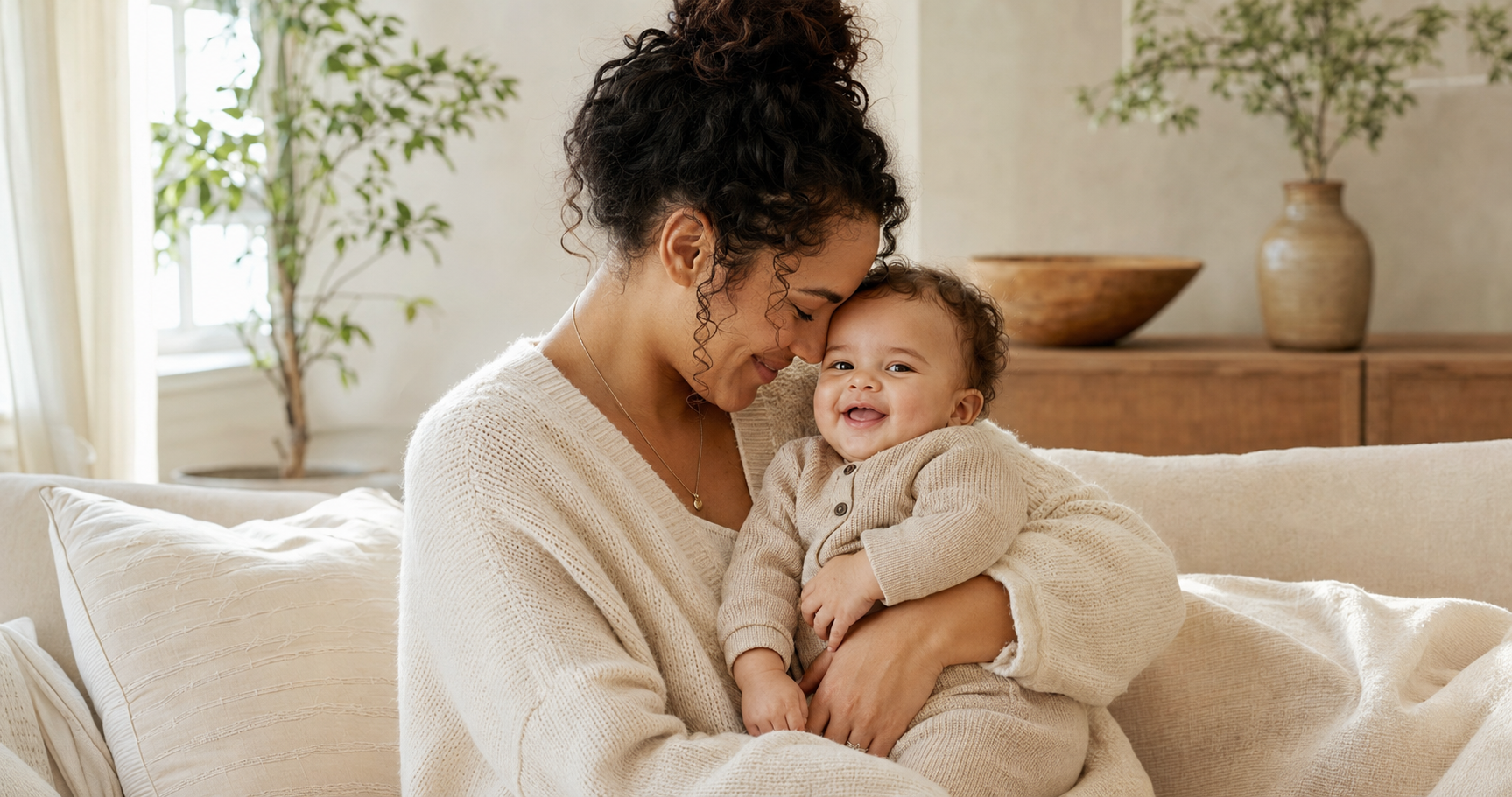 A relaxed mother cuddling her smiling baby at home